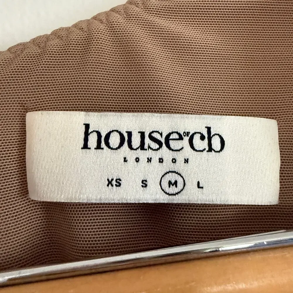 HOUSE OF CB | Norah Light Brown Ruched Puff Sleeve Mesh Corset Top | Medium